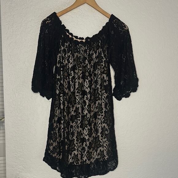 Umgee Black Lace Off Shoulder Mini Dress Boho Casual Small Indie Floral Bohemian - Picture 3 of 8